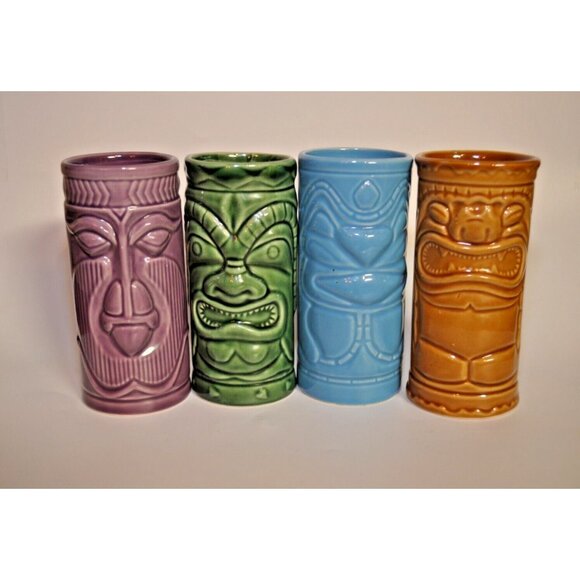 4 Accoutrements Tiki Polynesian Mugs 2001 Luau Tumblers Ceramic 10oz - Picture 1 of 4